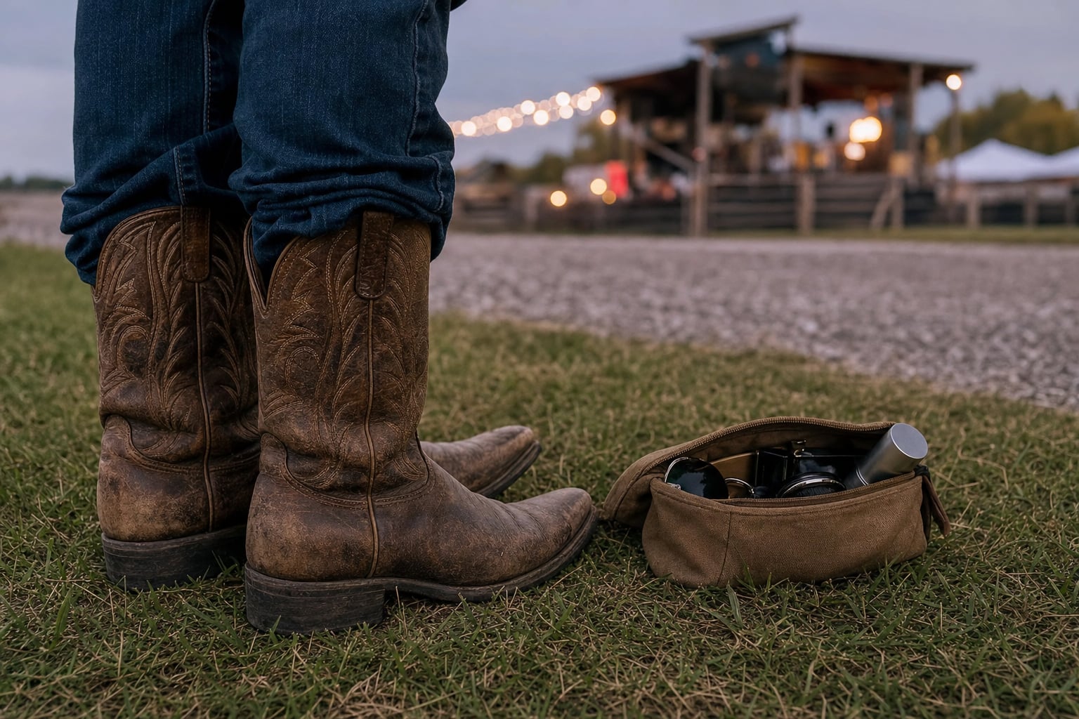 Worn cowboy boots in grass beside a gravel path and concert-ready essentials pouch at an outdoor venue