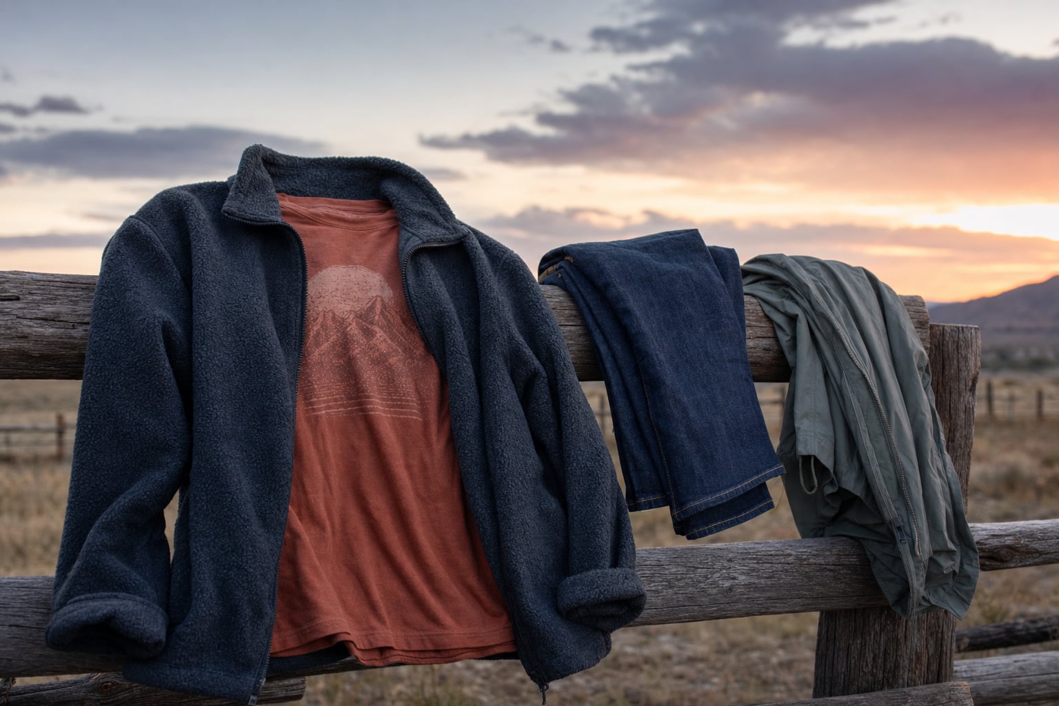 Charcoal fleece over a rust tee with dark denim and a lightweight jacket on a ranch fence at dusk