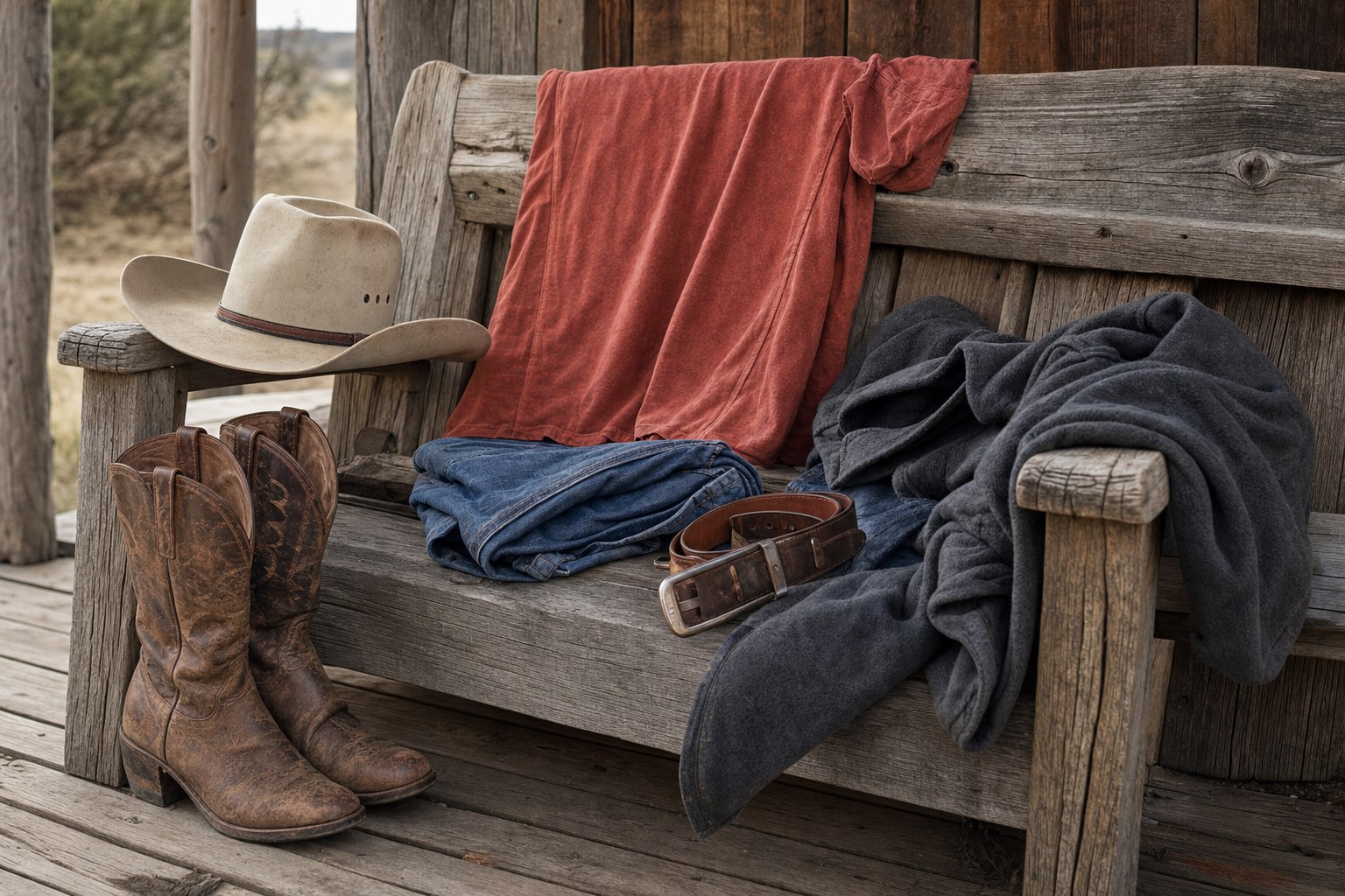 Western graphic tee, denim, cowboy boots, leather belt, hat, and fleece arranged on a weathered ranch bench
