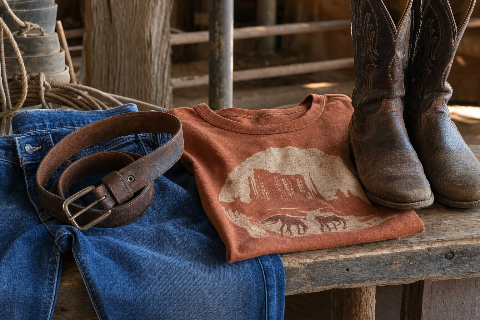 Western graphic tee, blue denim, cowboy boots, and leather belt arranged on a ranch workbench