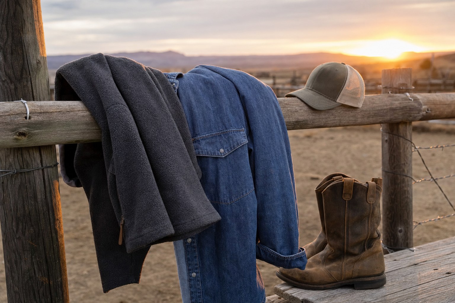 Charcoal fleece and denim overshirt on a ranch fence at sunset with boots and a trucker cap nearby