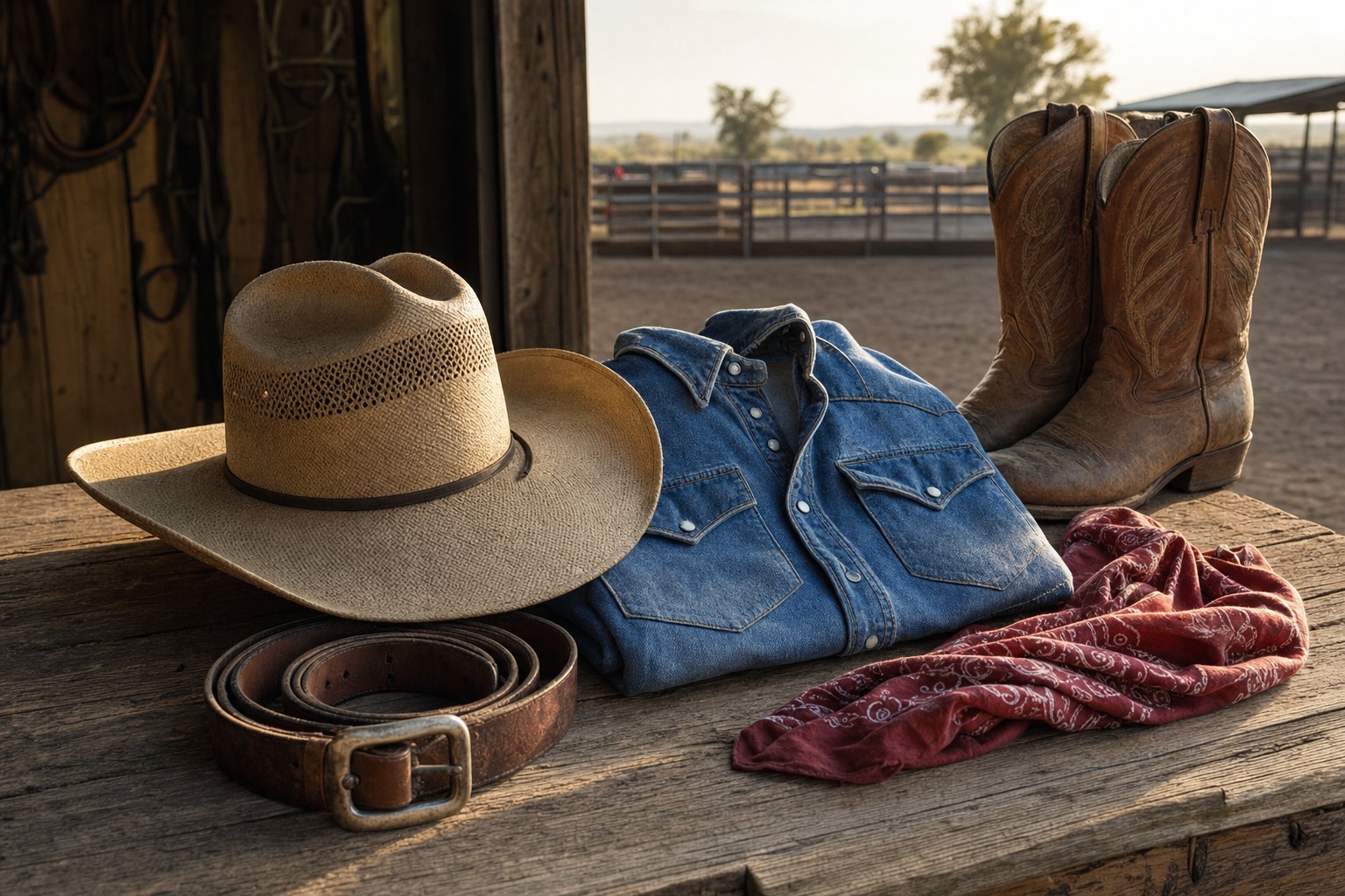 Straw hat, leather belt, denim shirt, bandana, and cowboy boots on a wood table