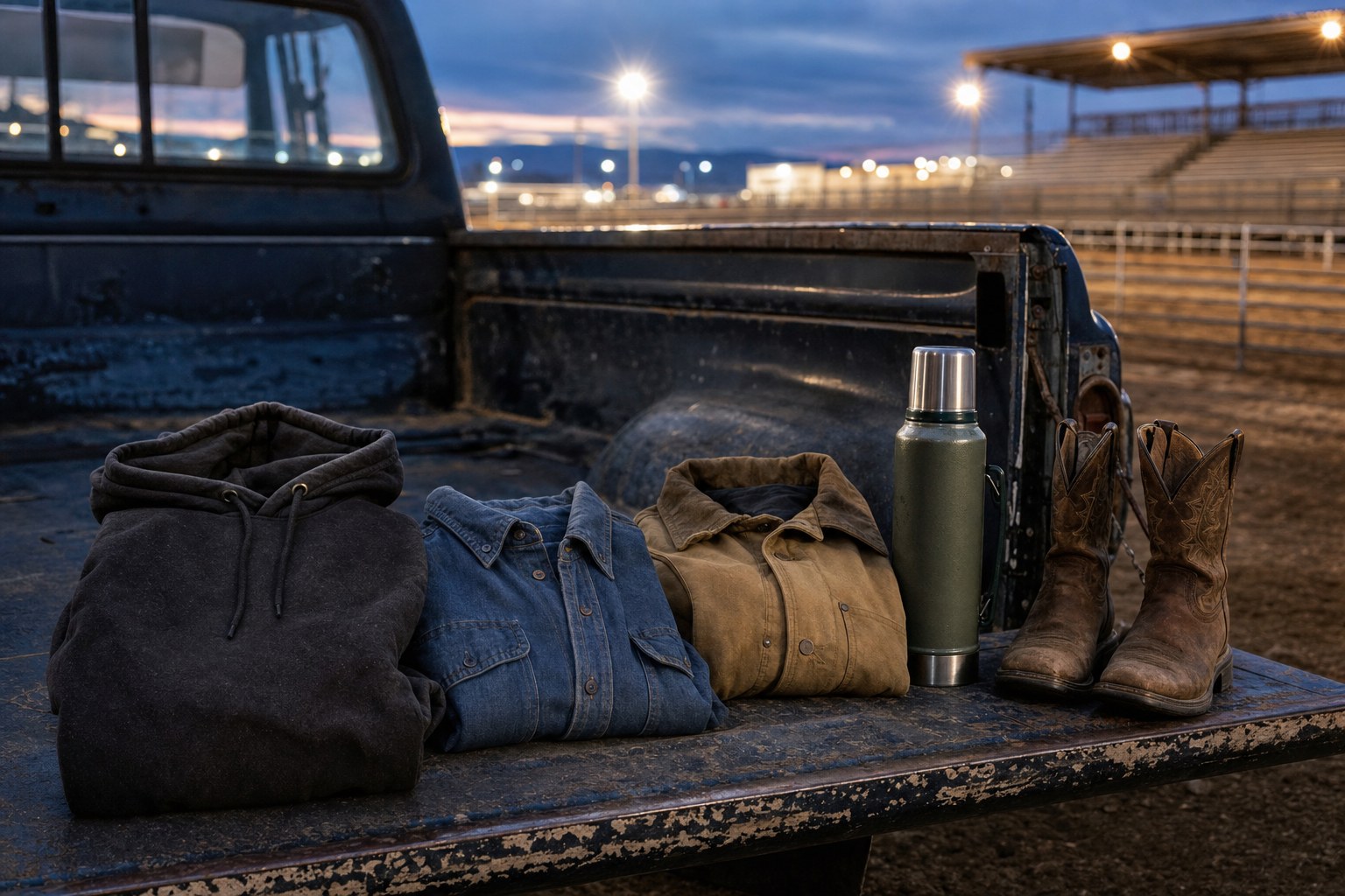 Hoodie, denim shirt, jacket, and boots packed in a pickup bed near a rodeo arena