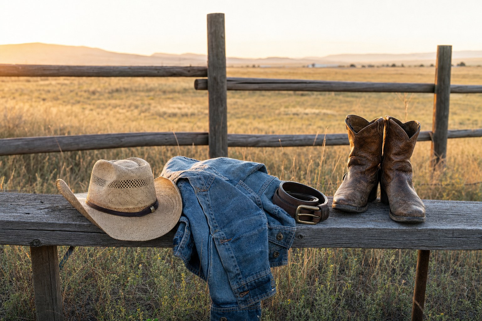 Cowboy hat, denim jacket, leather belt, and boots on a ranch fence