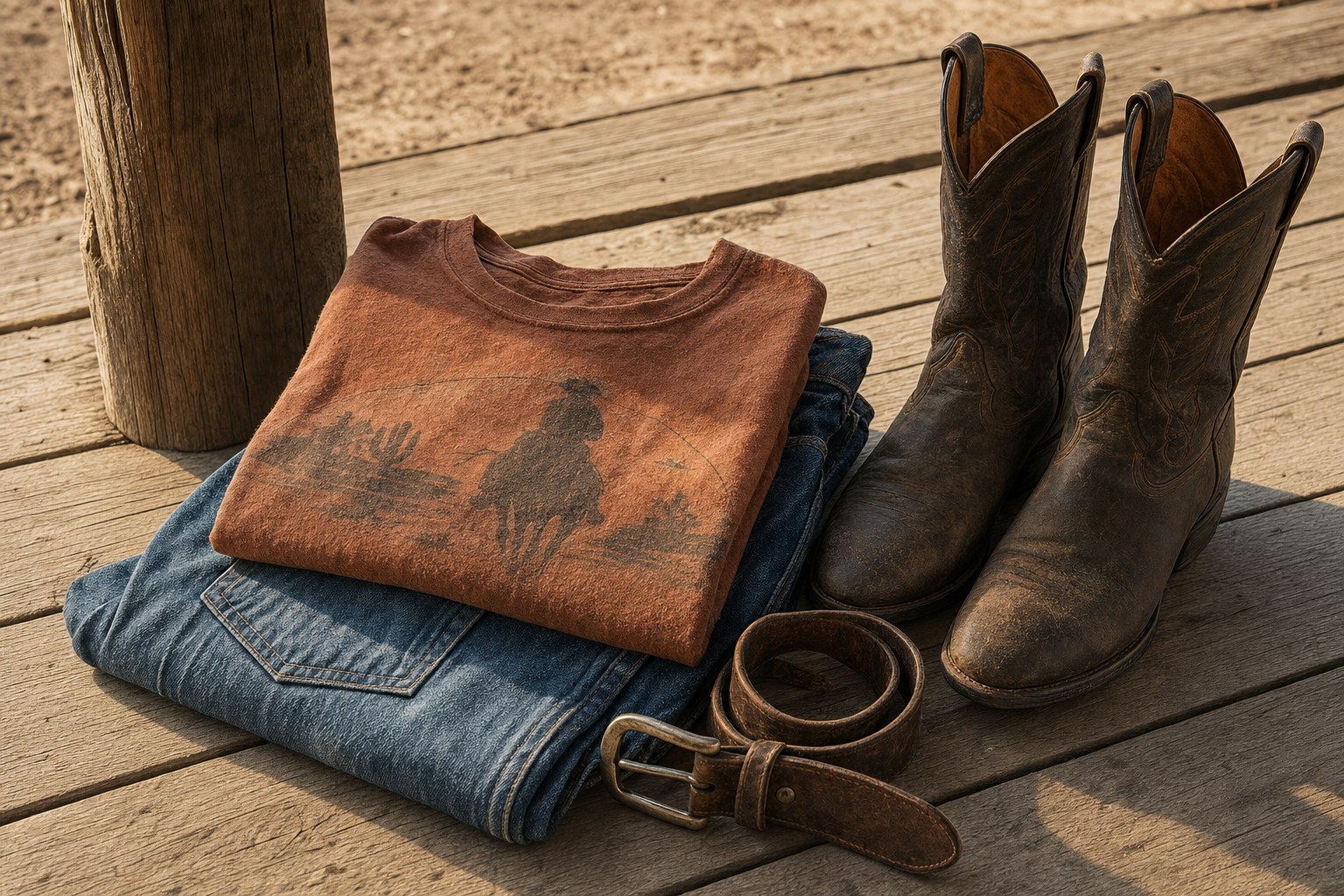Rust Western graphic tee folded over blue jeans beside worn cowboy boots and a leather belt