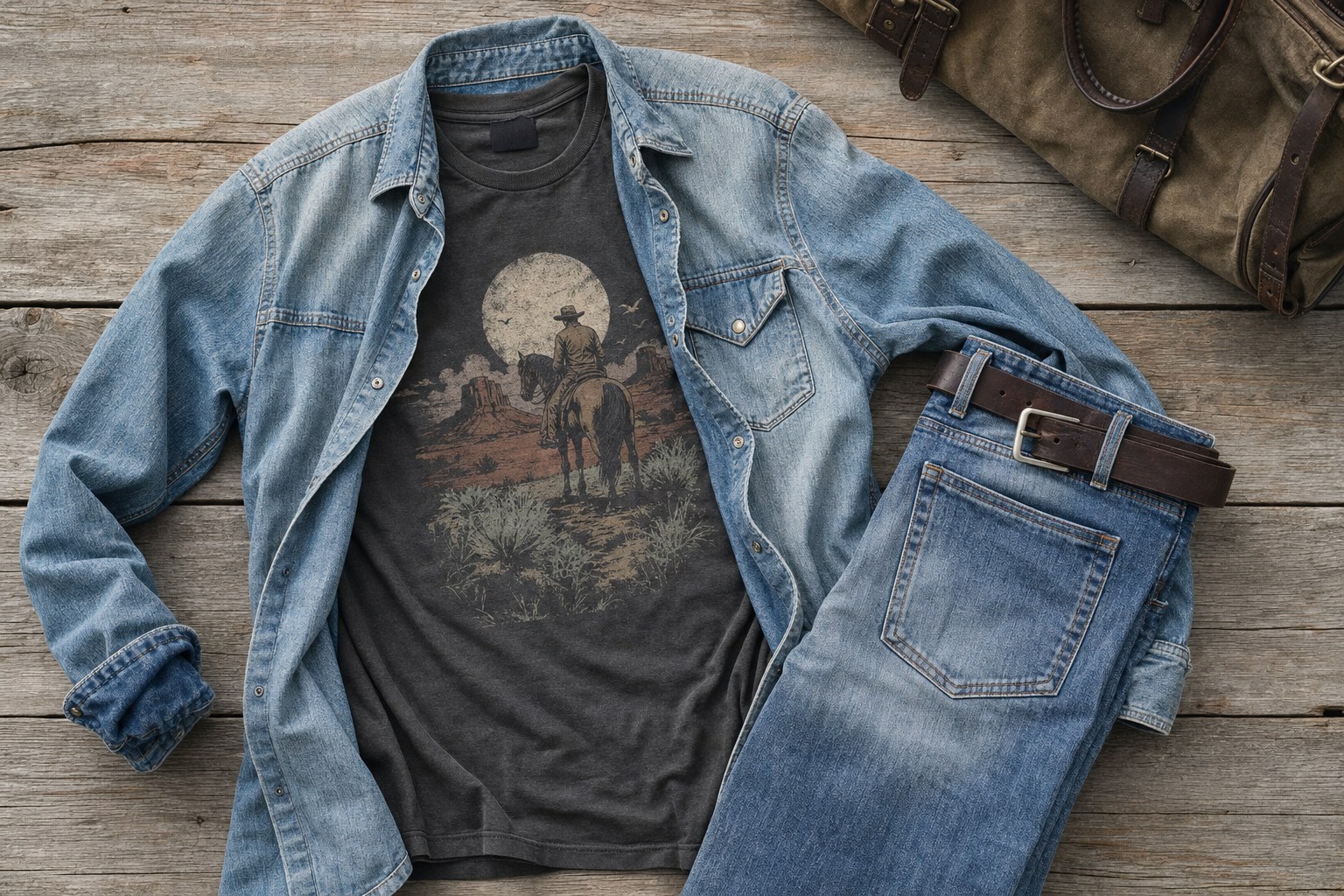 Charcoal Western graphic tee layered with a faded denim overshirt, jeans, and leather belt