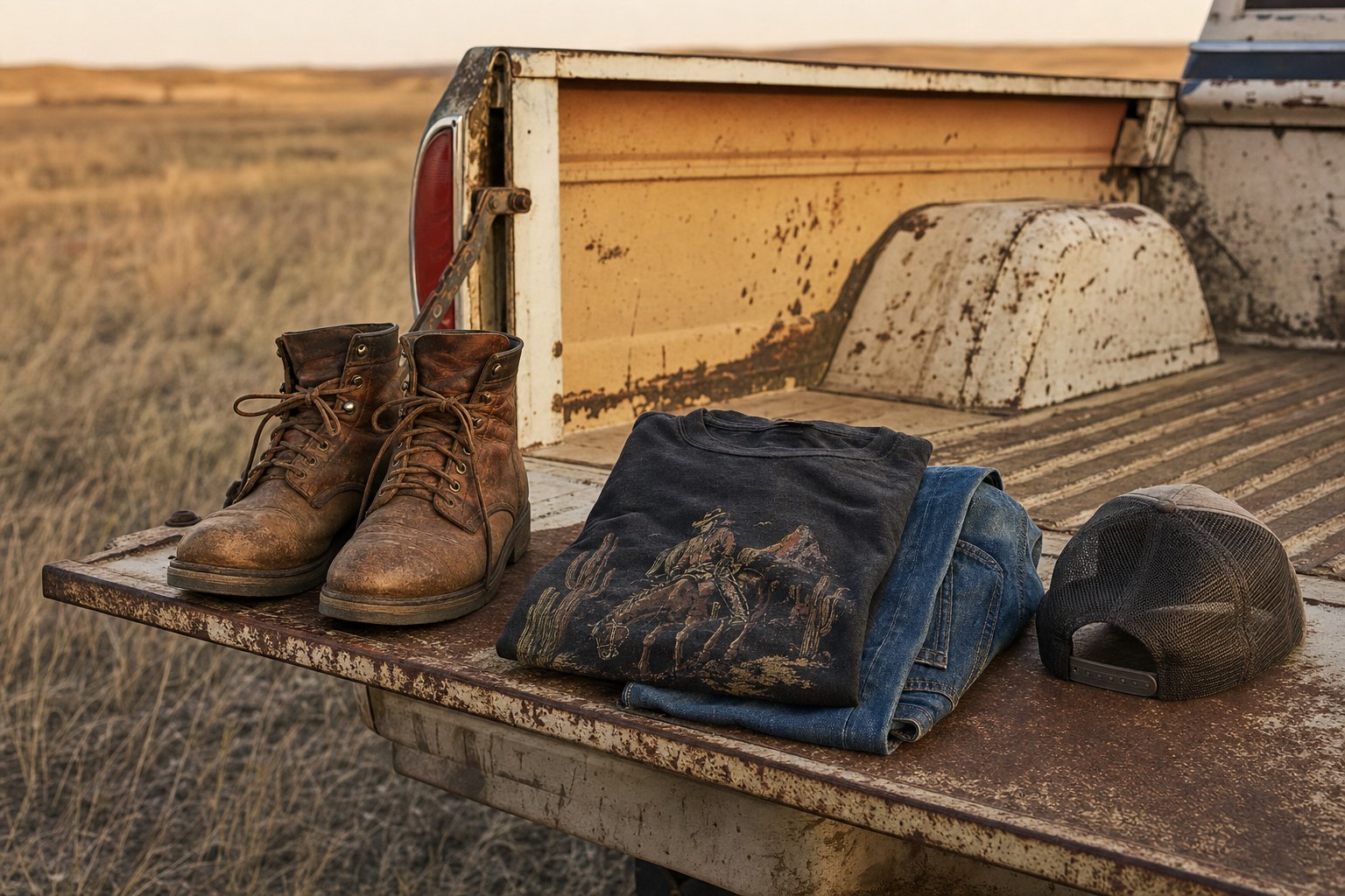 Western graphic tee, jeans, boots, and a trucker cap arranged on a weathered pickup tailgate