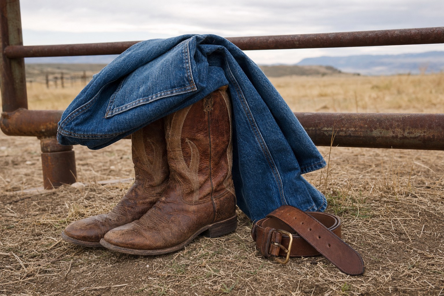 Blue denim, worn cowboy boots, and a leather belt beside a ranch gate