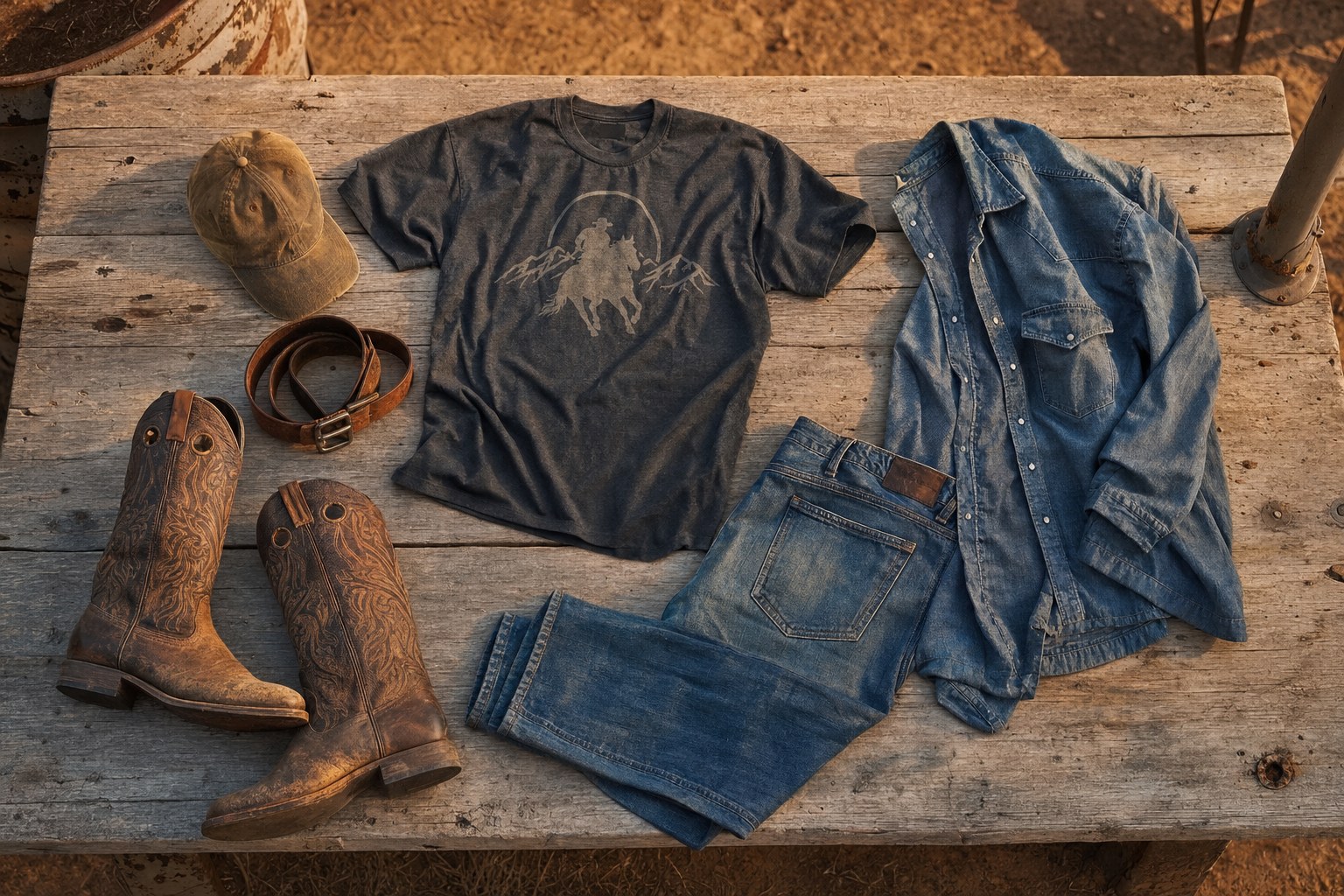 Western graphic tee, denim, cowboy boots, leather belt, cap, and denim shirt on a ranch workbench