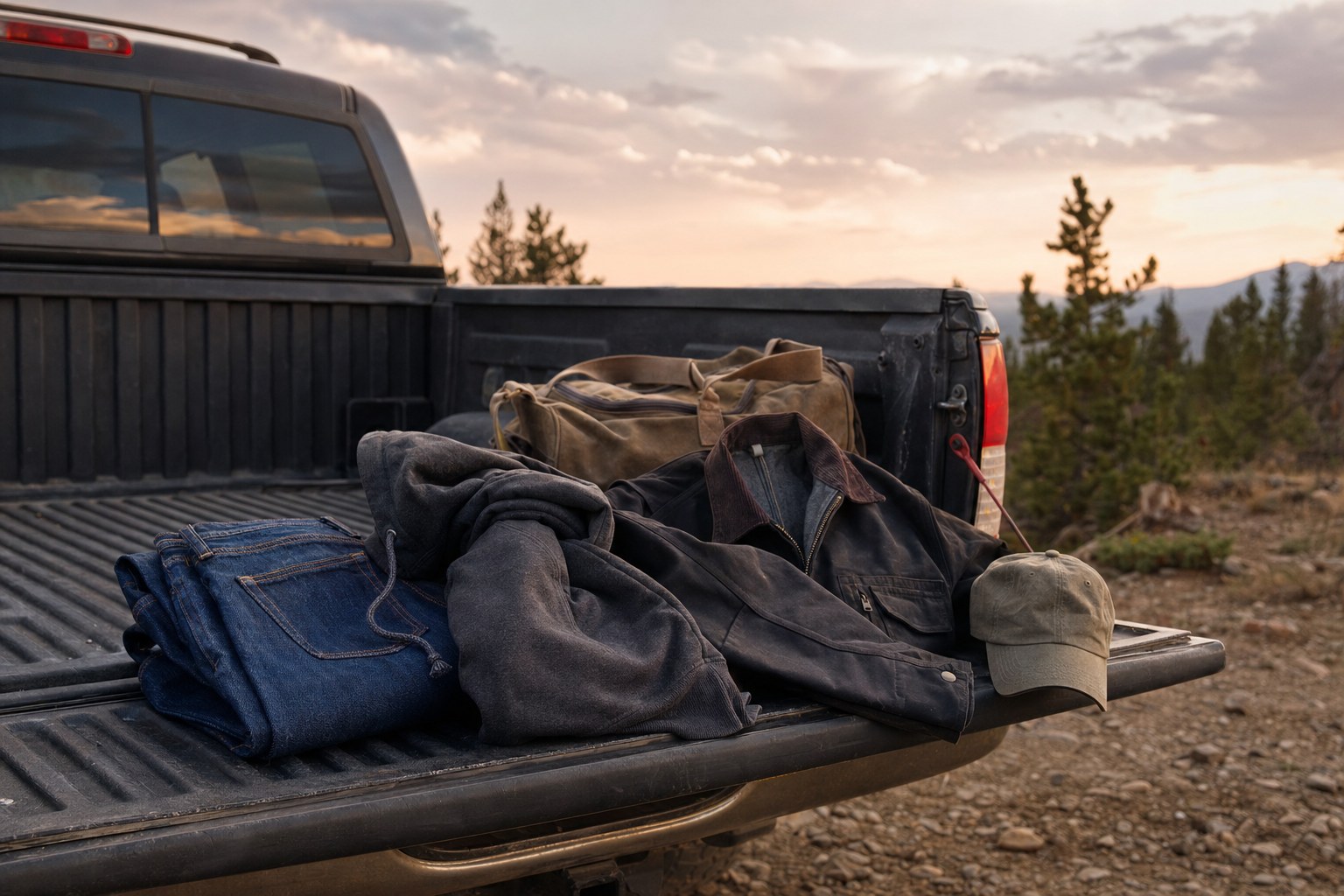 Hoodie, work jacket, denim, and cap packed on a pickup tailgate at sunset