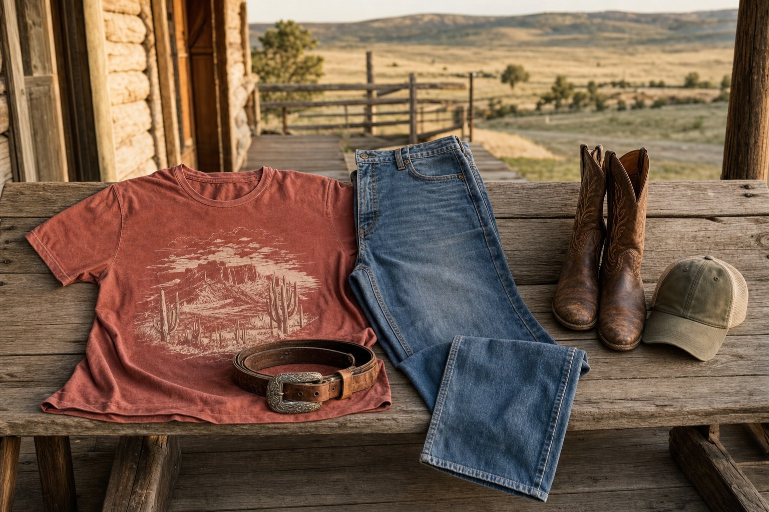 Rust Western graphic tee, blue jeans, cowboy boots, leather belt, and cap on a ranch bench