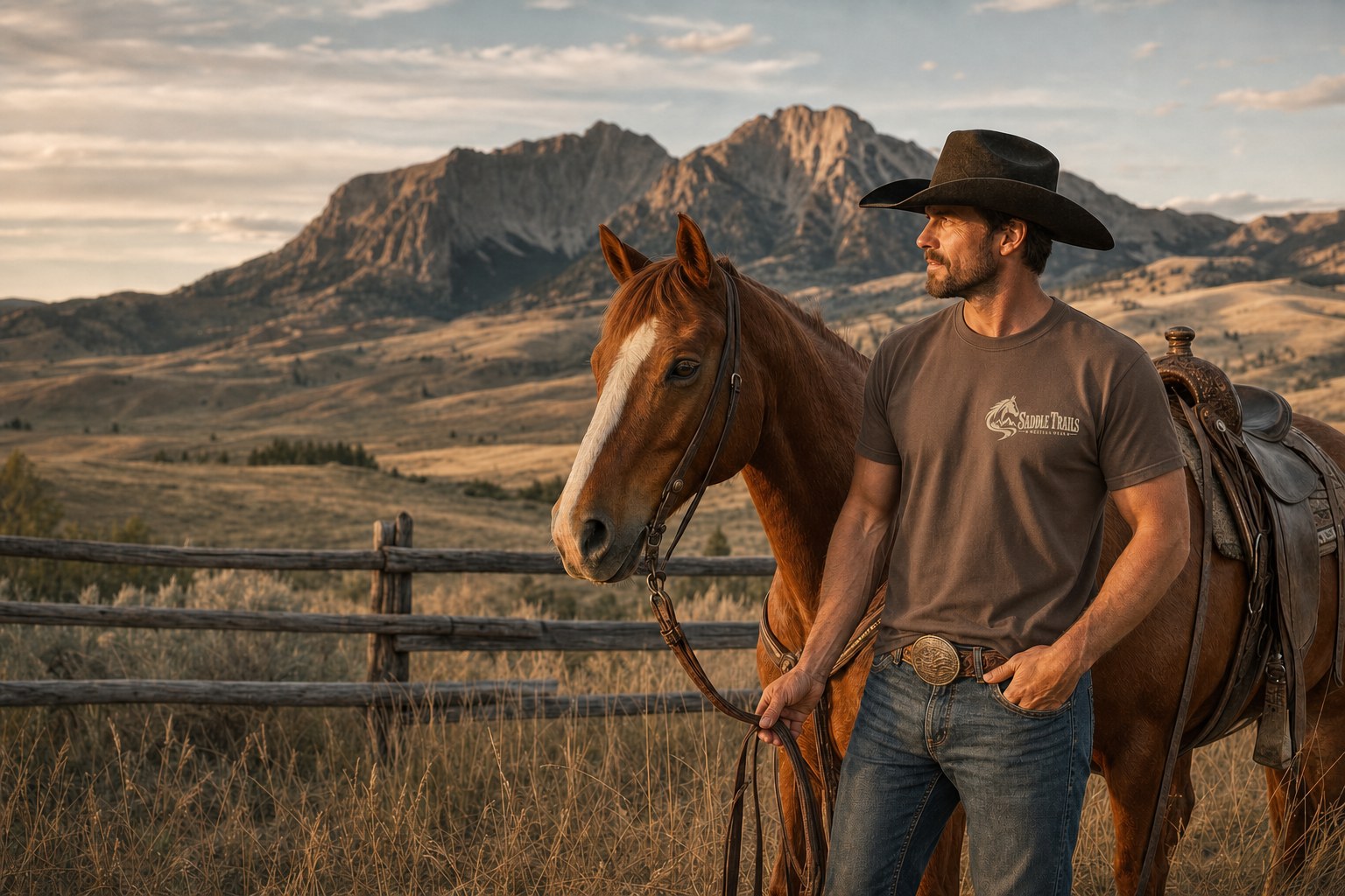 Cowboy wearing a Saddle Trails Western Heritage Heavyweight Tee beside a chestnut horse in open mountain country