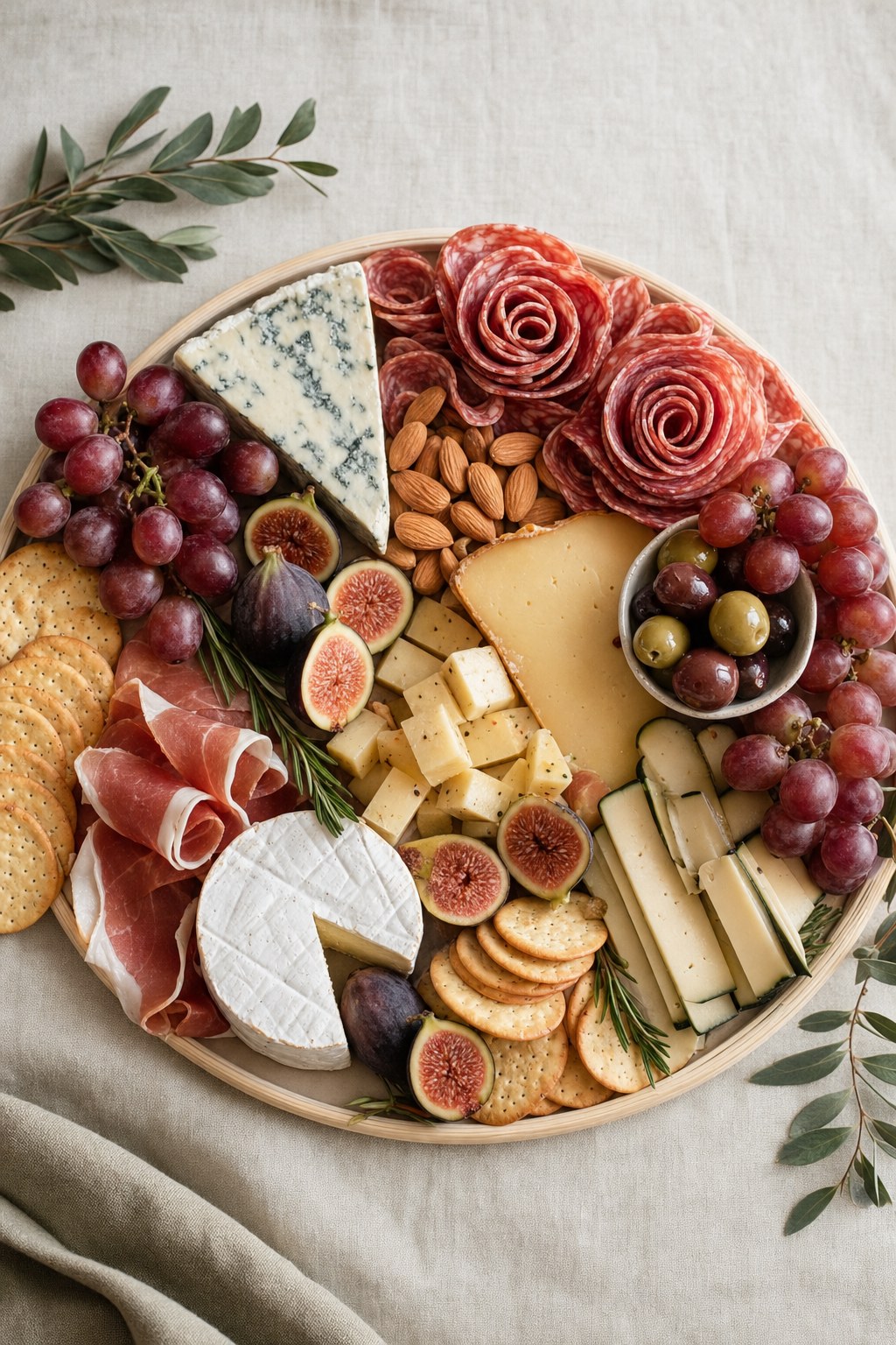 Charcuterie board with cheeses, fruit, olives, and salami roses