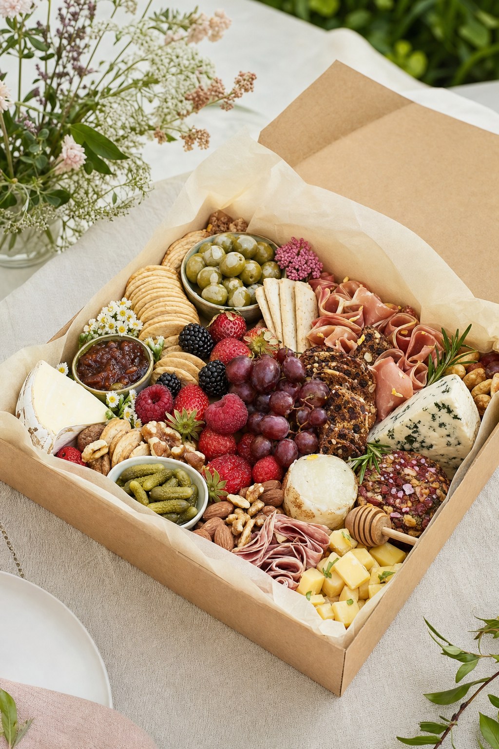 Gourmet charcuterie box filled with cheeses, fruit, meats, and crackers