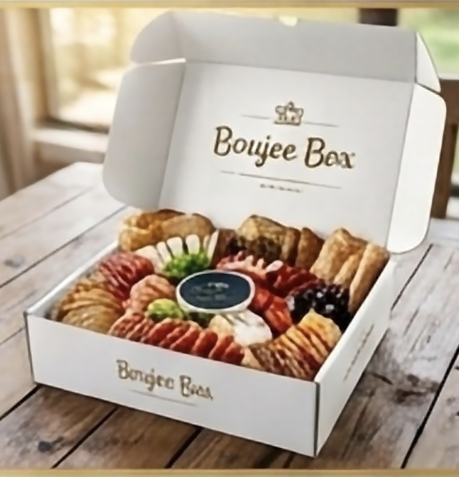 A custom Boujee Box with an assortment of cheese, fruit, crackers, and savory bites