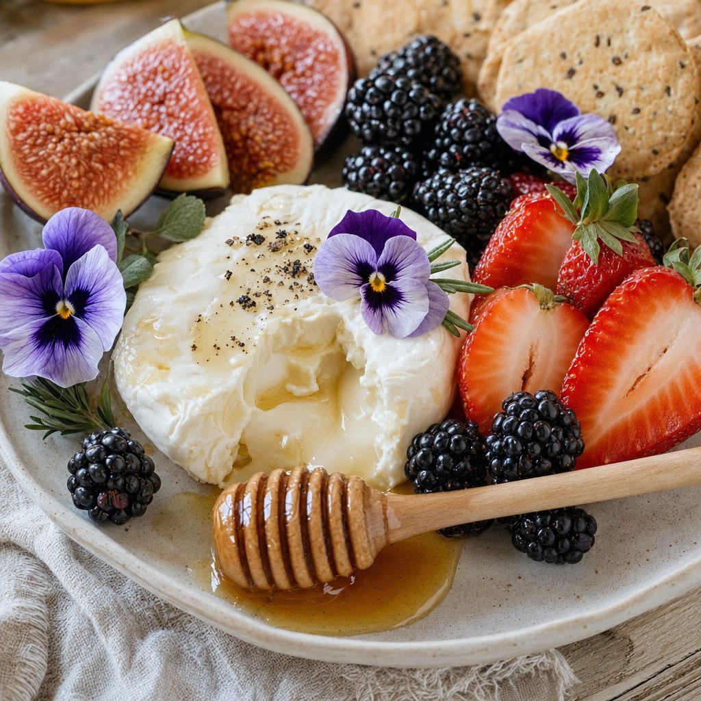 Soft cheese, berries, honey, and edible flowers