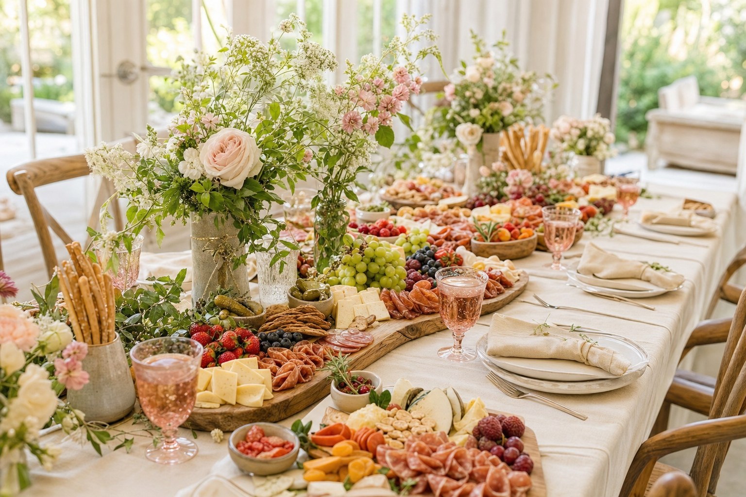 Long grazing table set for a bright floral luncheon