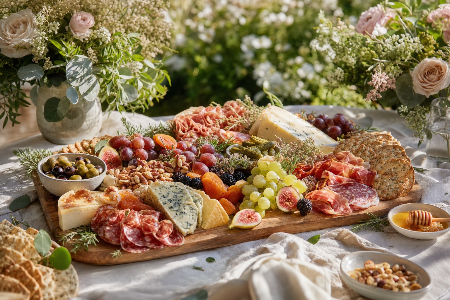 Charcuterie spread prepared for a garden celebration