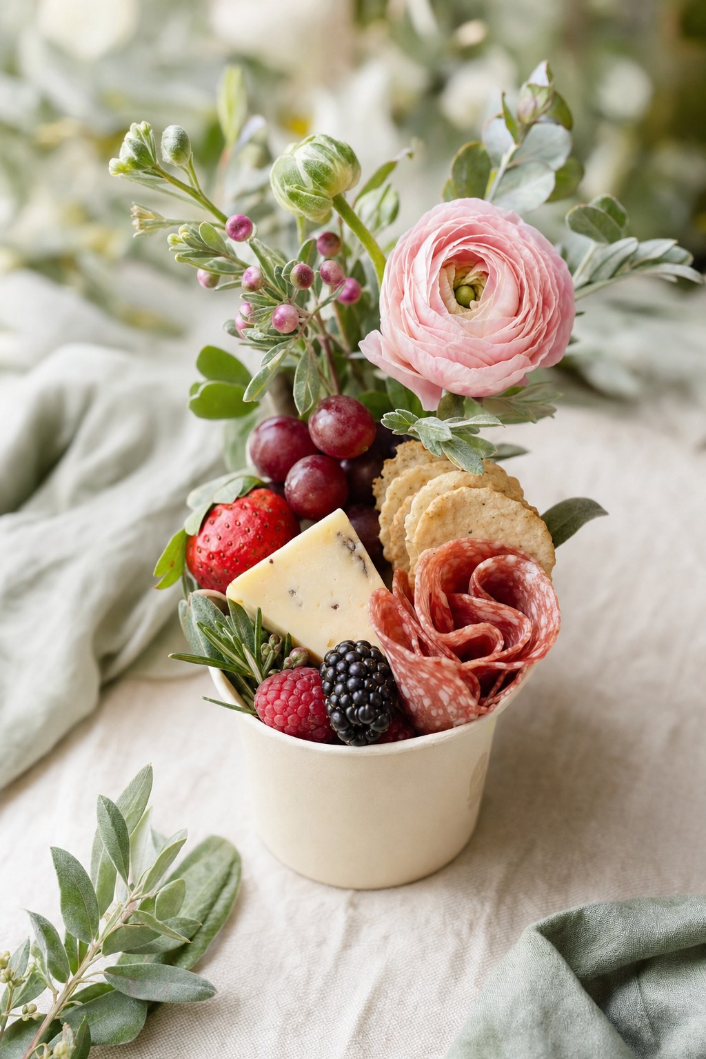 Individual charcuterie cup surrounded by flowers