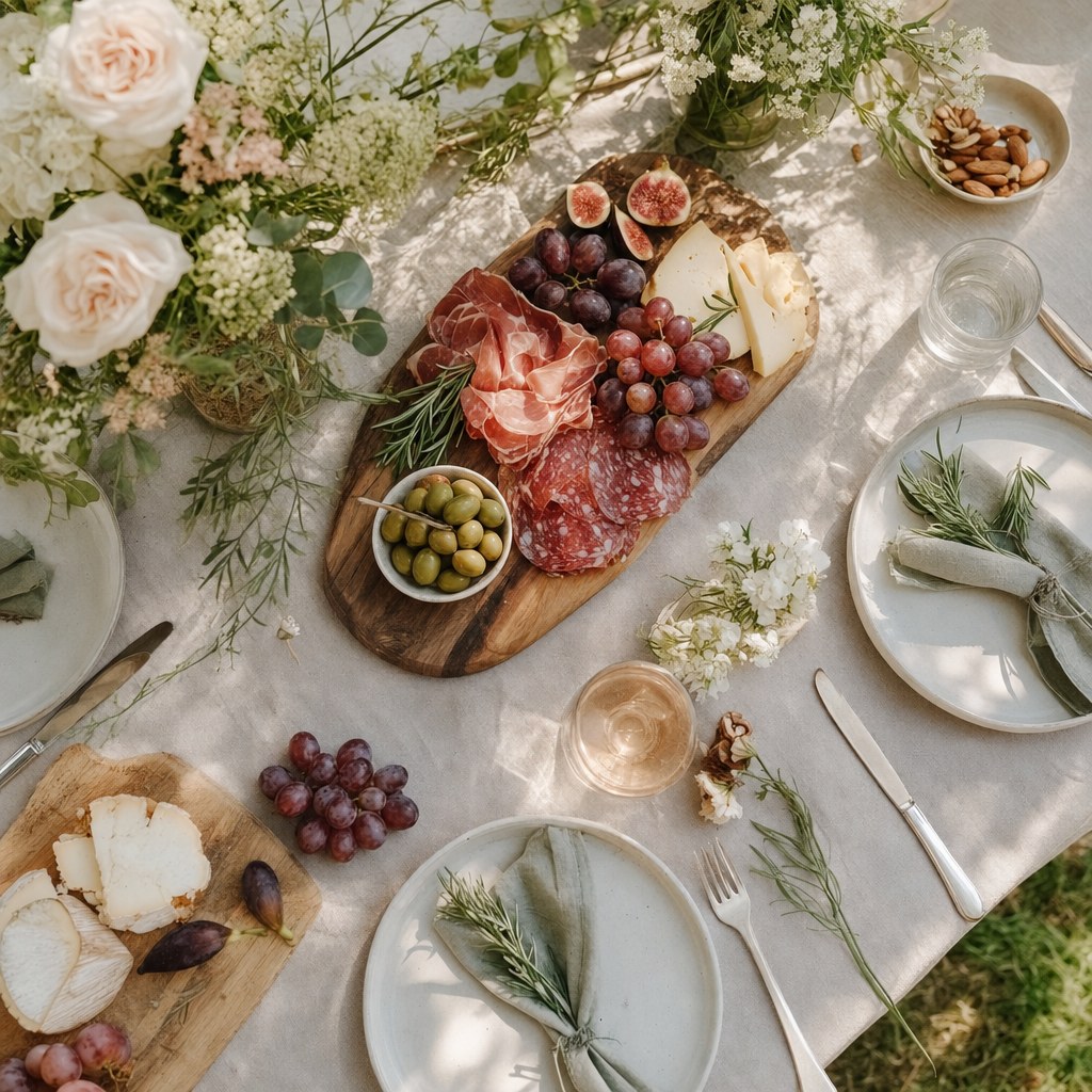 Garden table setting with a small charcuterie spread