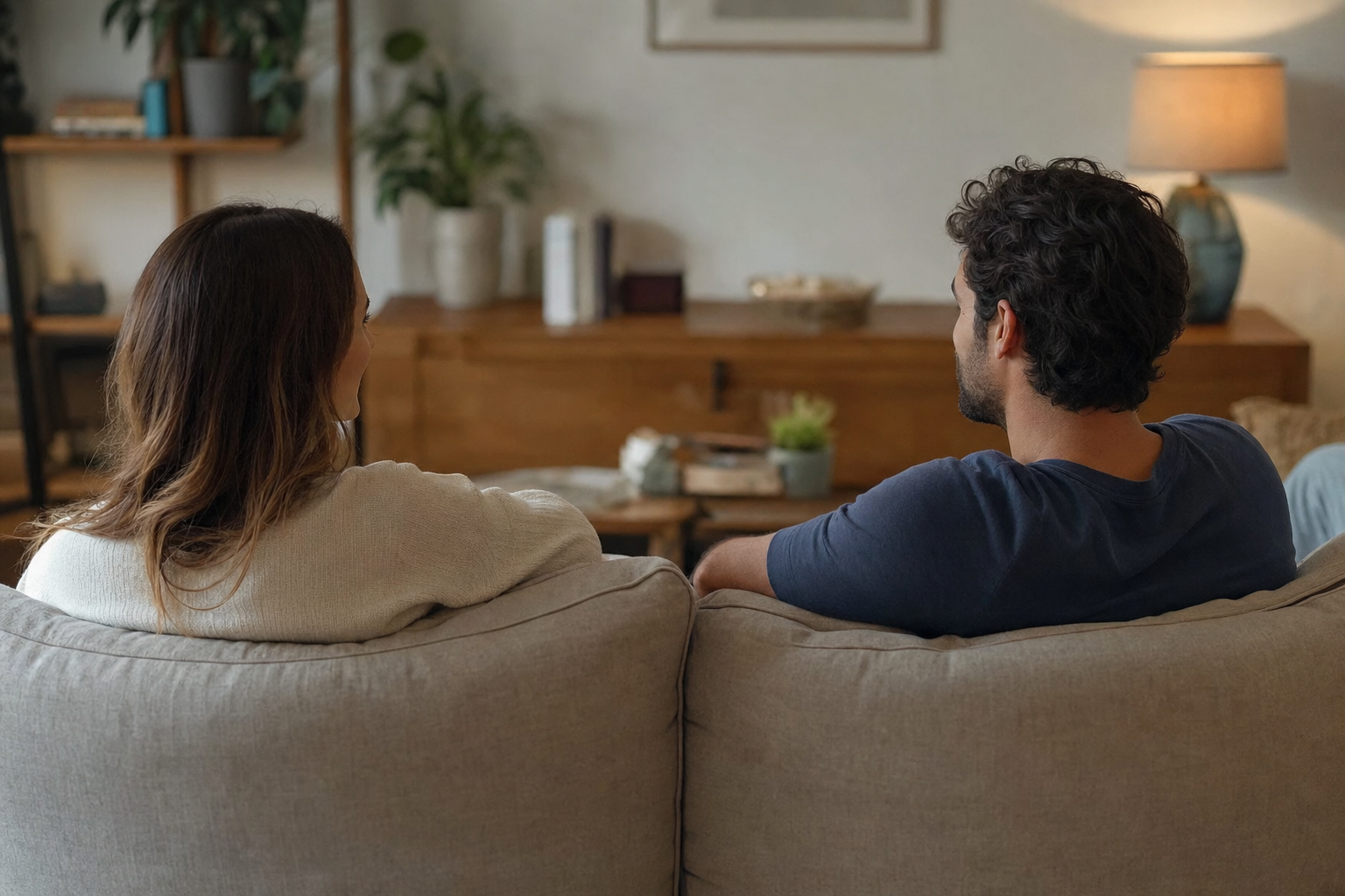 Two people sitting together on a sofa and turned toward one another in conversation