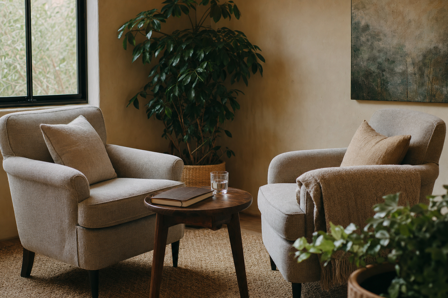 Two comfortable armchairs facing one another in a warm, quiet room