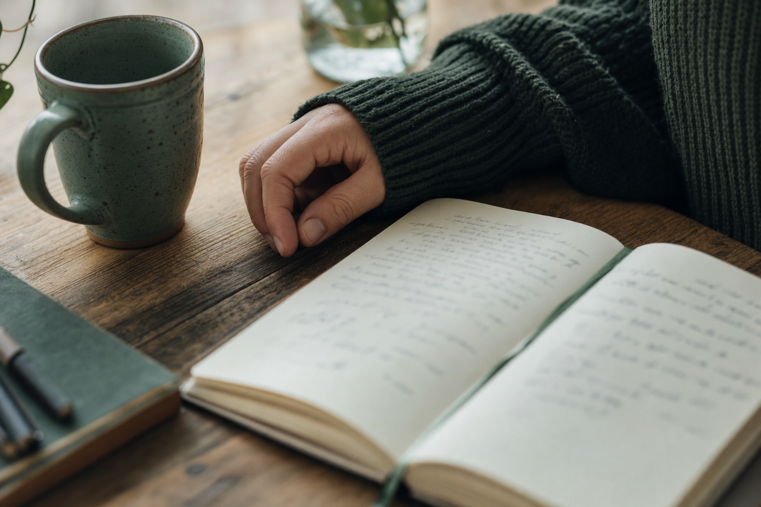 A hand resting beside an open journal and a green ceramic cup