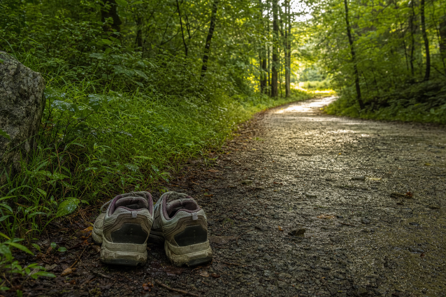 Walking shoes beside a rain-darkened path through green trees