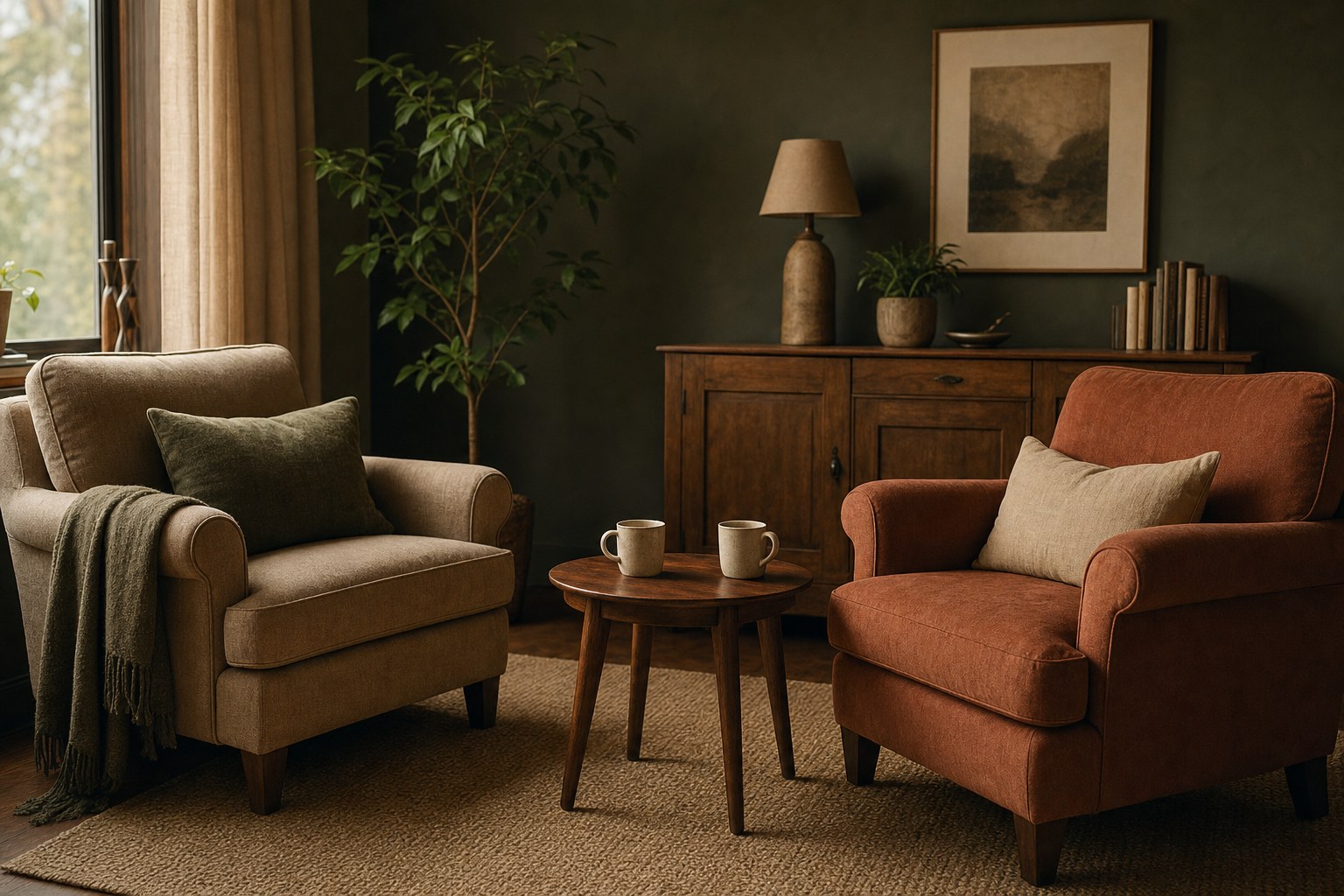 Two armchairs facing each other beside a small table with cups