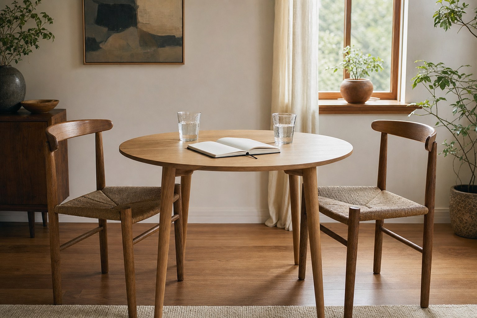Two chairs around a round table with water glasses and an open notebook