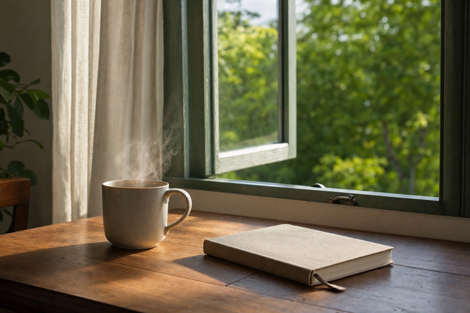 A warm drink and closed notebook beside an open window