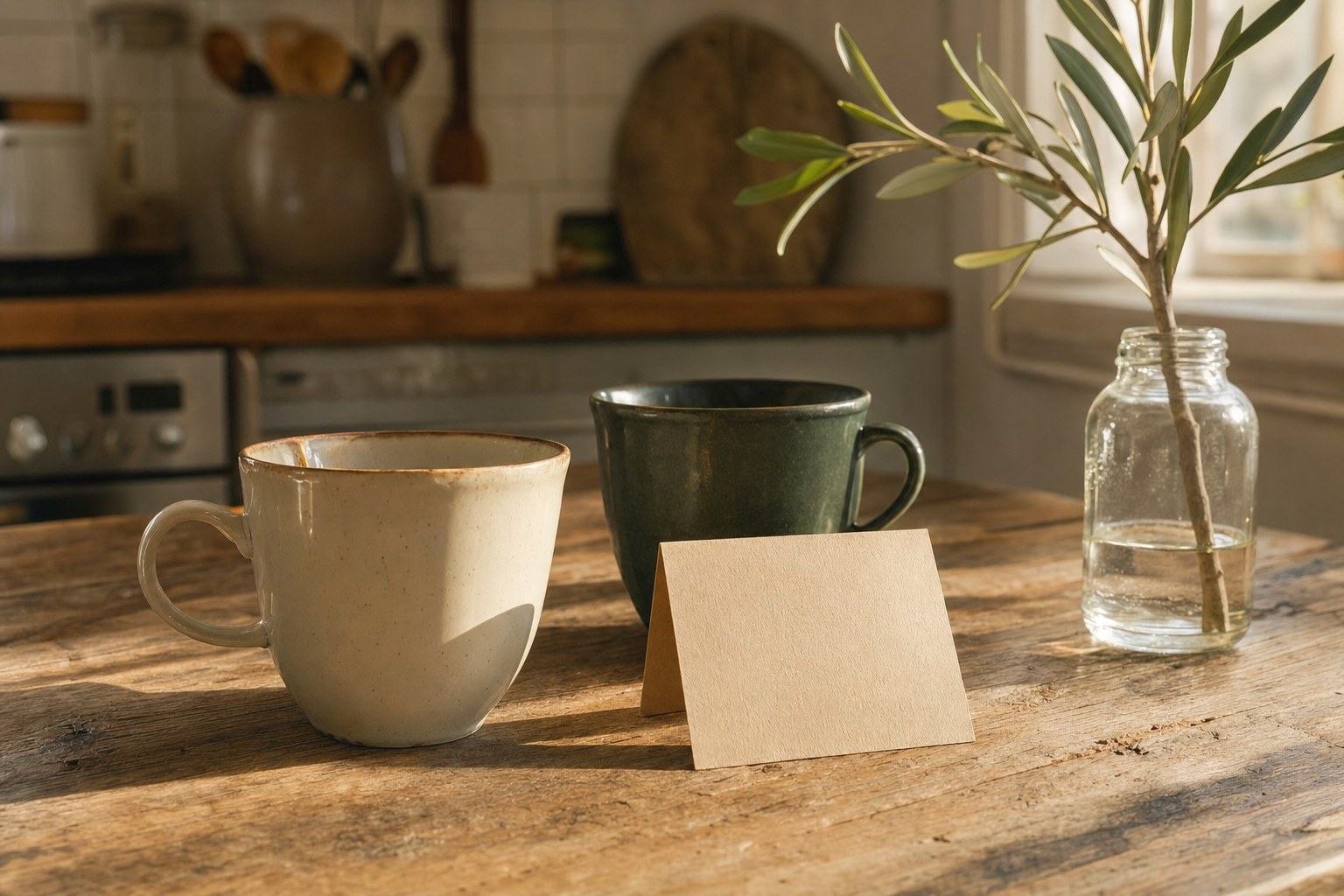 Two cups and a blank folded card on a kitchen table