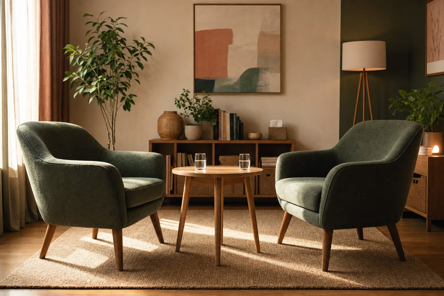 Two green chairs facing one another with glasses of water on a small table in a counseling room