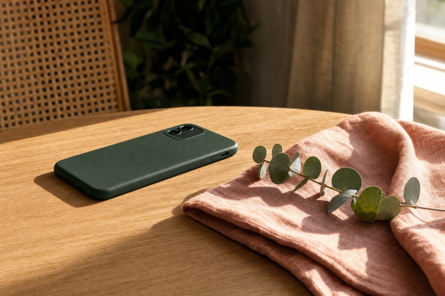 A phone placed face down on a sunlit wood table beside folded linen