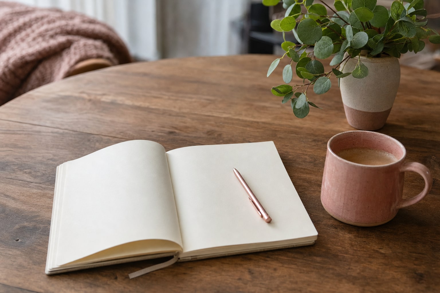 An open blank notebook, pen, and cup on a warm wooden table