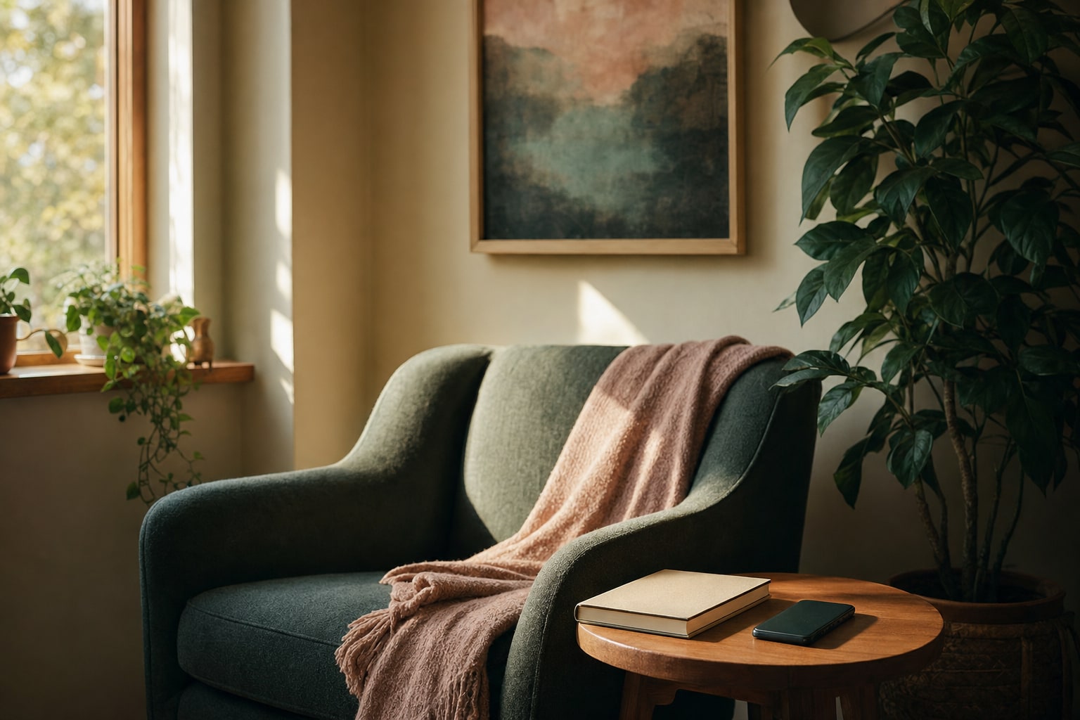 A green chair beside a small table with a notebook and phone in a warm, quiet room