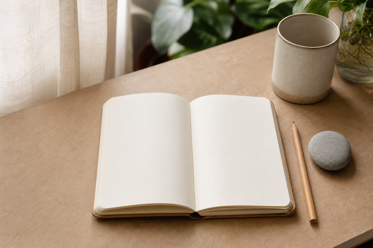 An open blank notebook, pencil, and smooth stone on a warm desk