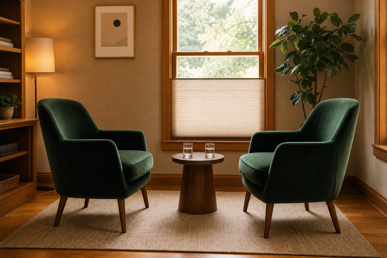 Two green chairs angled toward each other with glasses of water between them