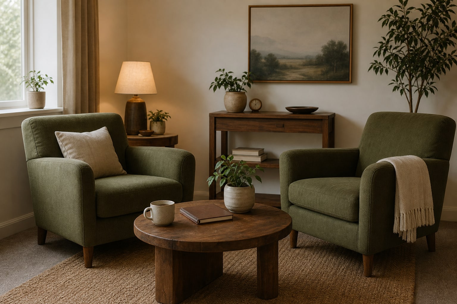 Two green armchairs facing each other in a warm, quiet counseling room