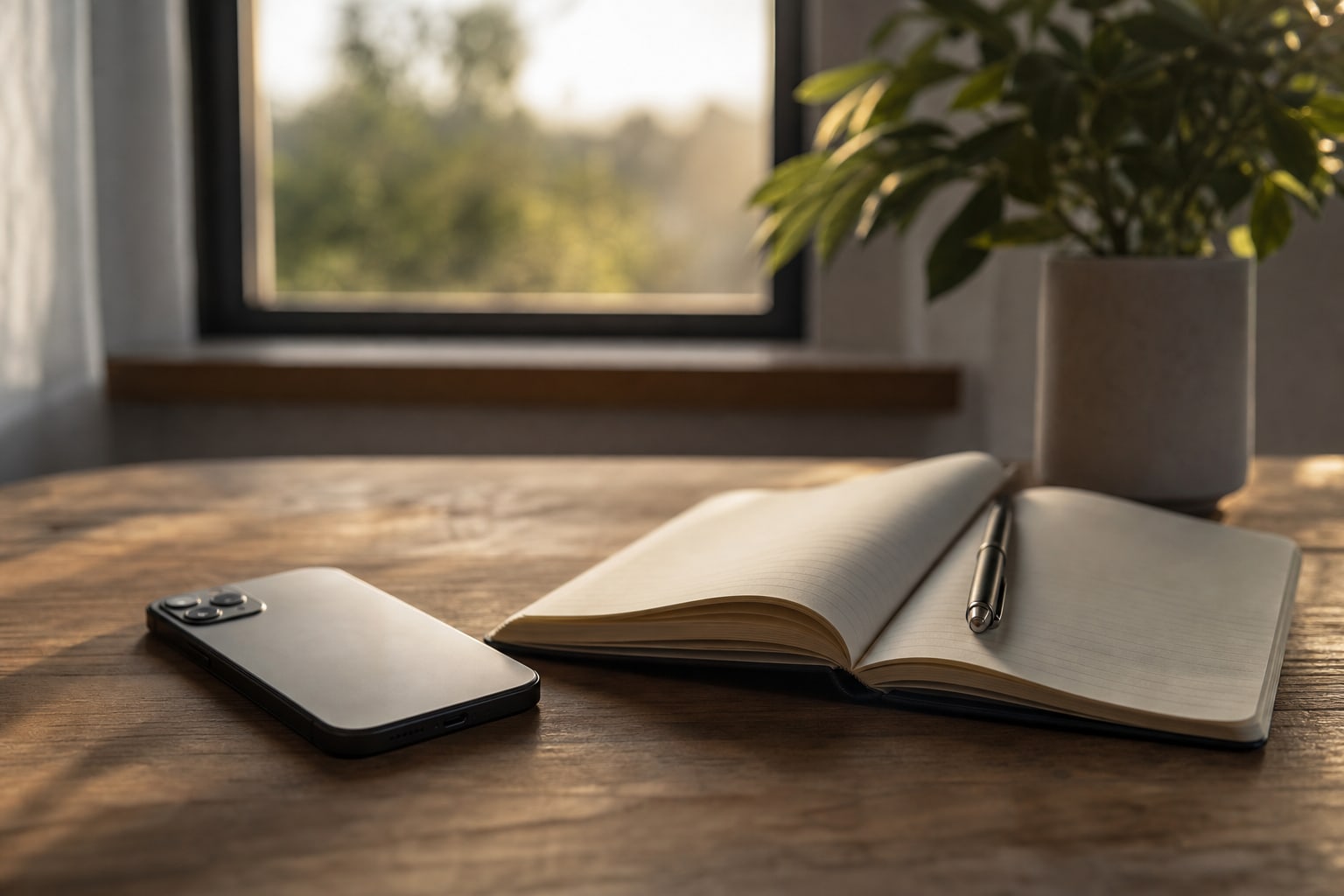 A phone face down beside an open notebook and pen on a wooden table
