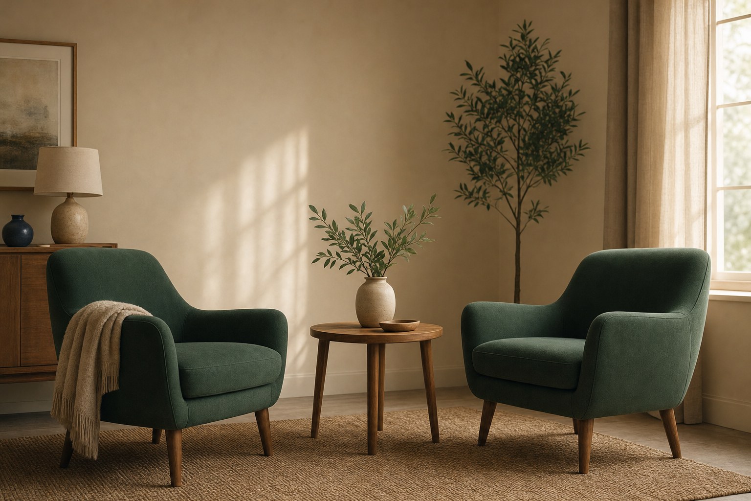 Two green armchairs facing each other in a warm, quiet therapy room