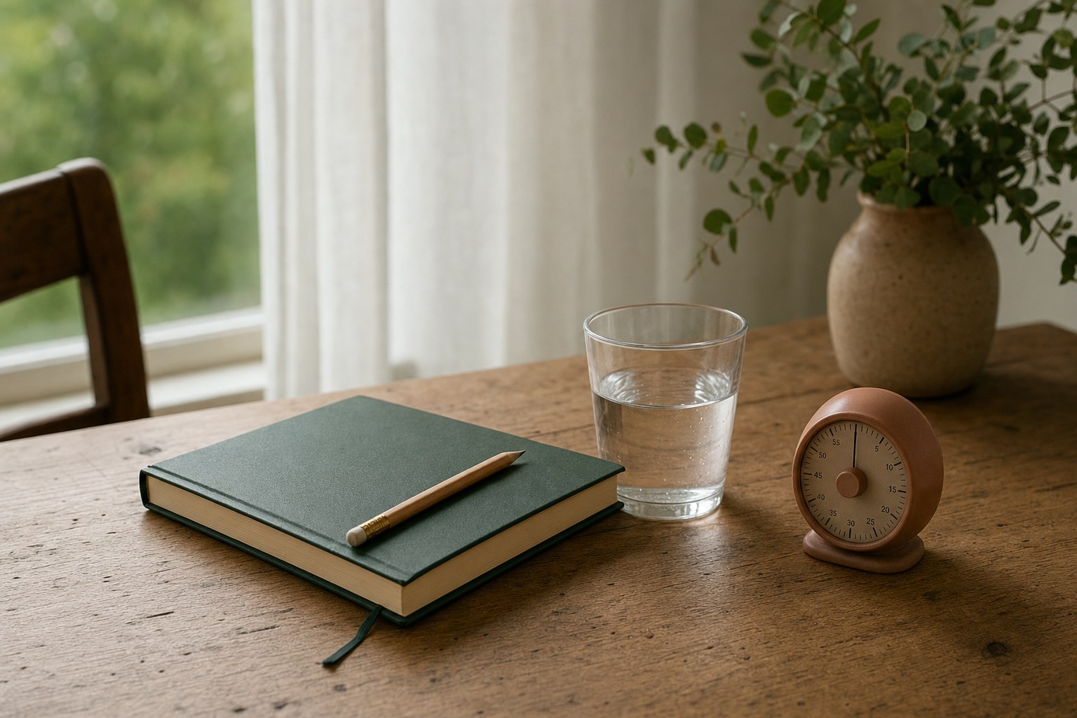 A green notebook, pencil, water glass, and small timer on a wood table