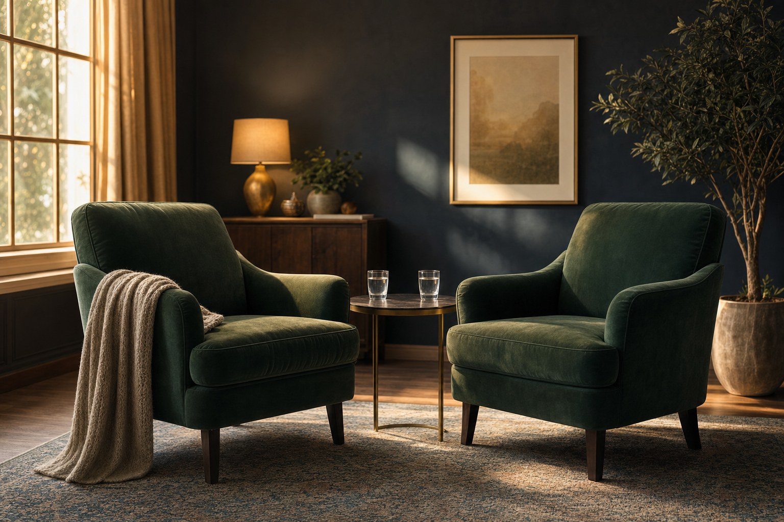 Two green chairs with glasses of water in a calm, warmly lit room