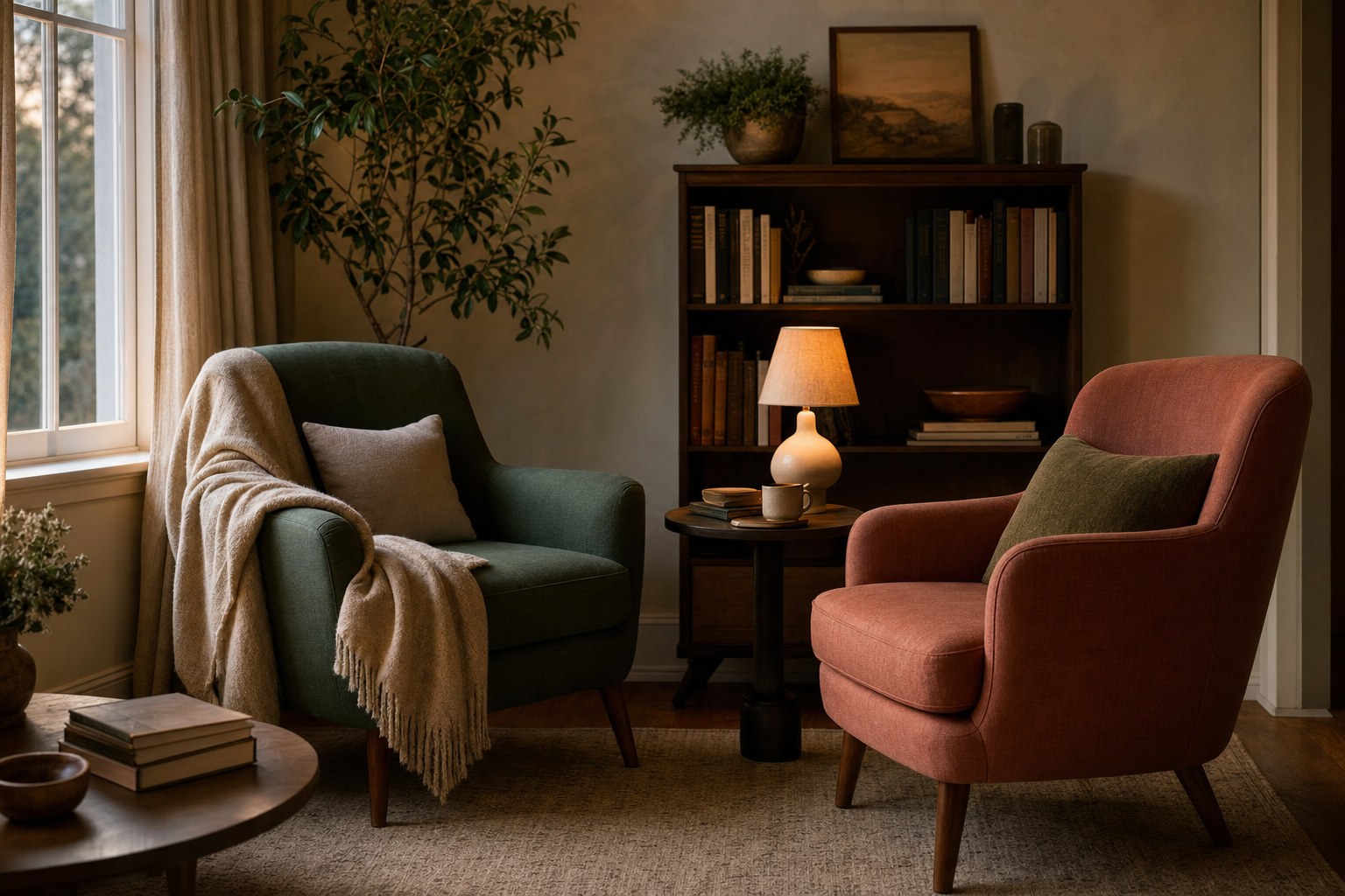 Two armchairs in a warm, private reading room