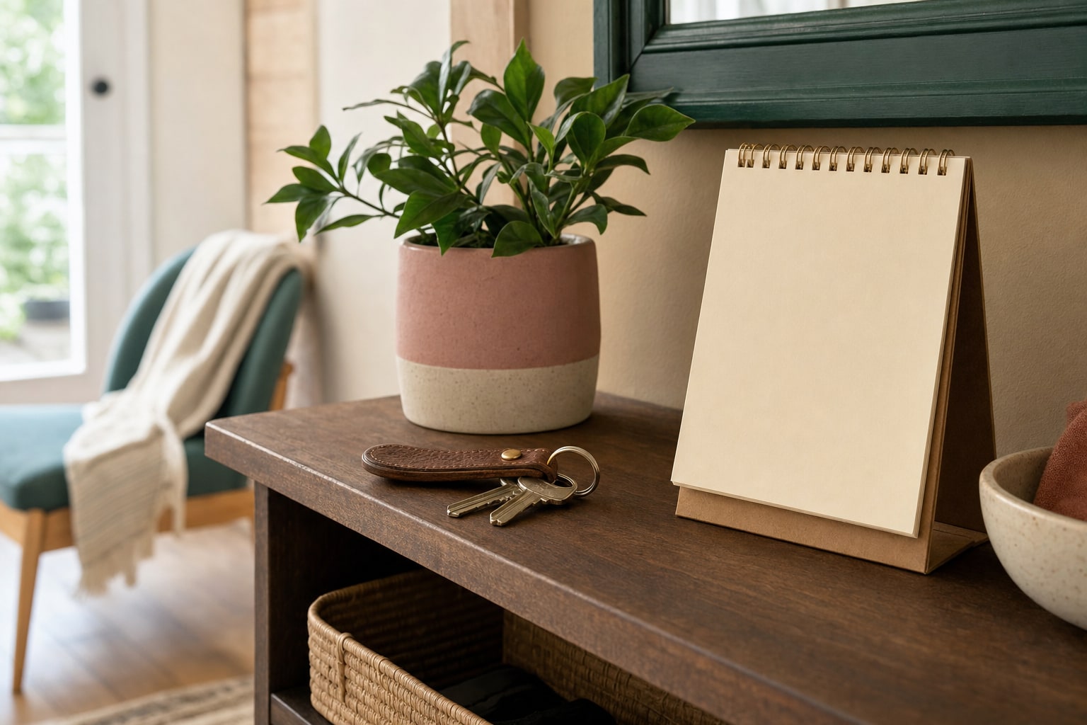 Keys and a blank calendar on a small entryway shelf