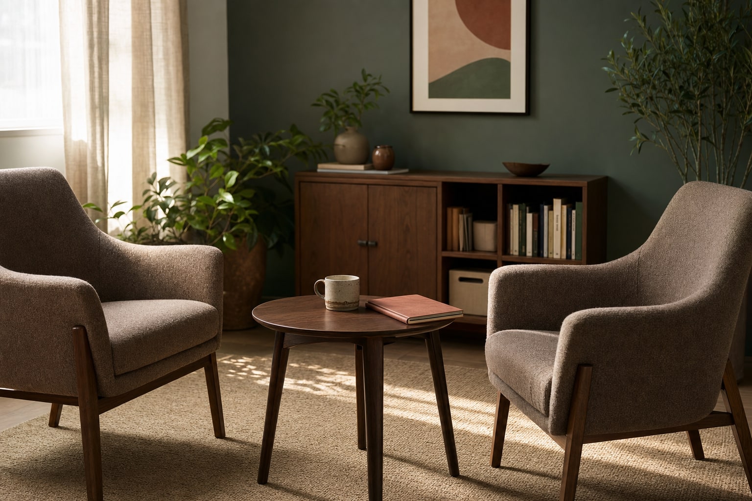 Two empty chairs in a calm counseling room with a small table between them