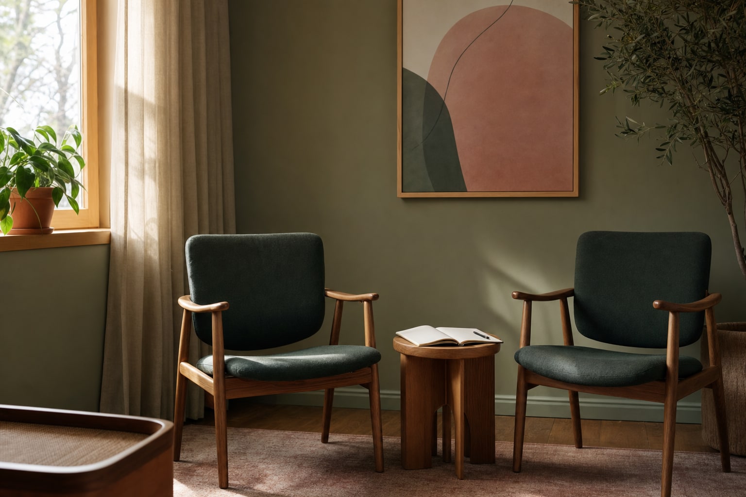 Two empty green chairs with a small table and open notebook between them