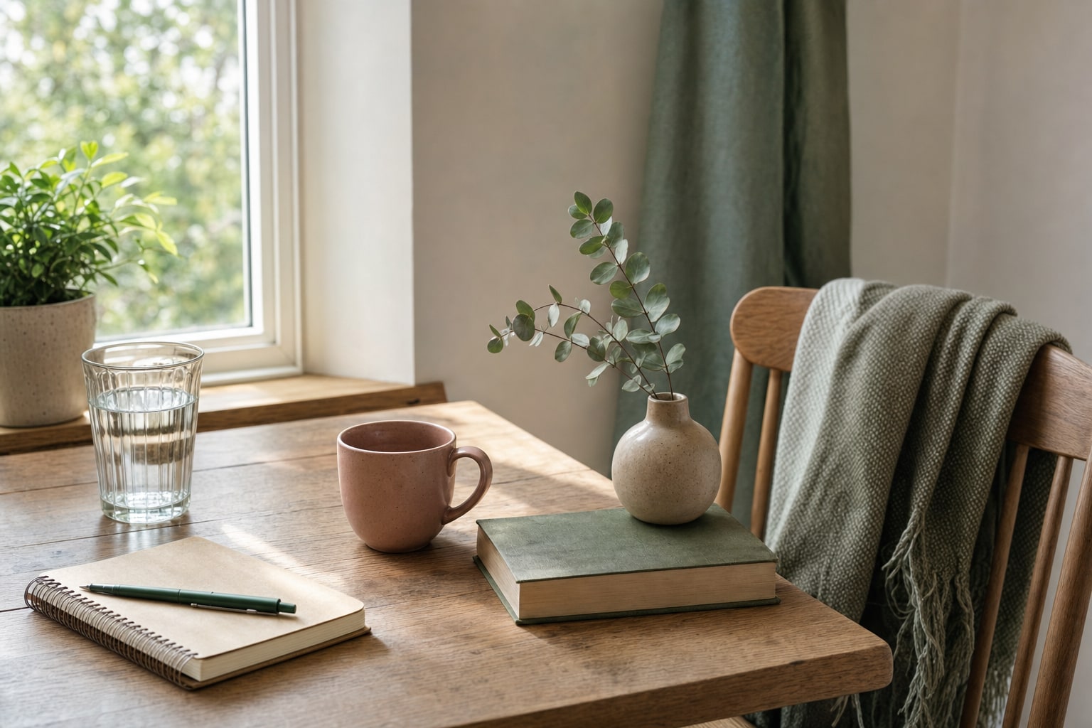 A glass of water, notebook, and chair beside a sunlit window