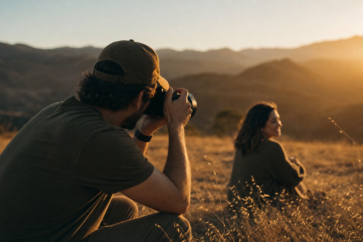Photographer holding a camera outdoors at golden hour