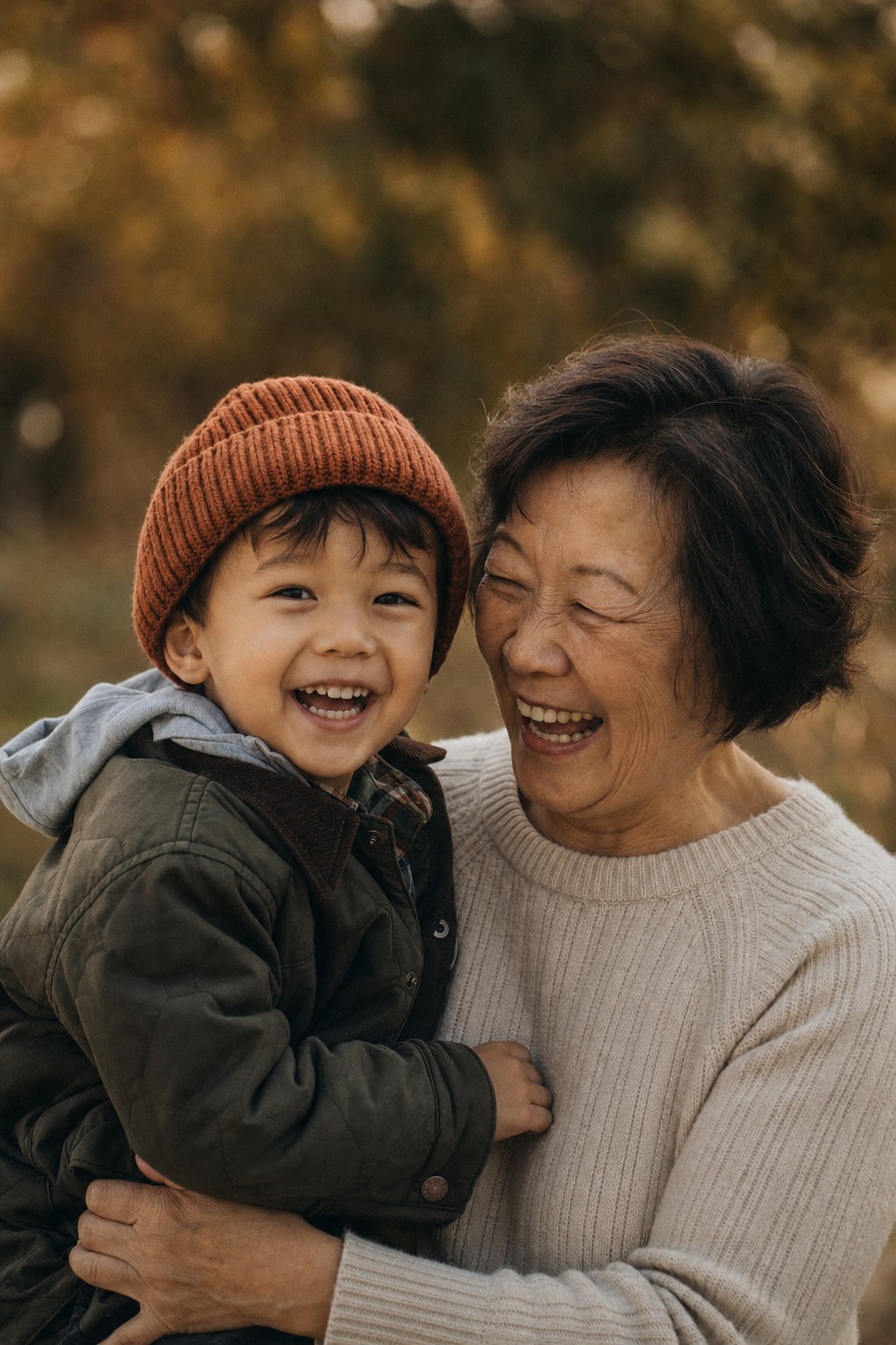 Grandmother and grandson sharing a laugh outdoors